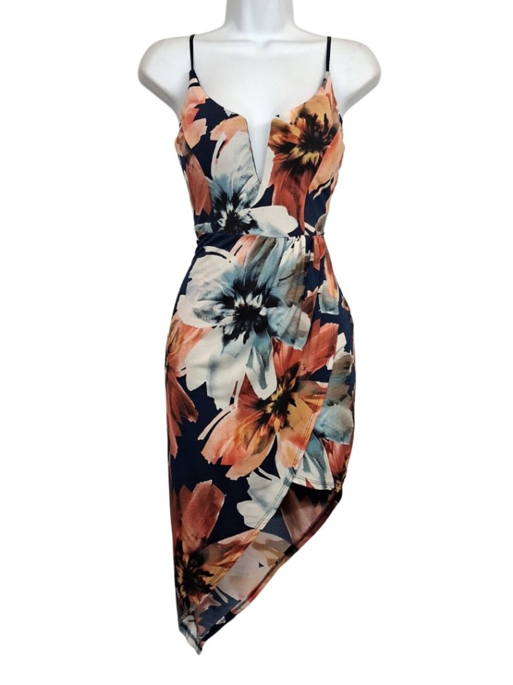 TRAC Floral Asymmetrical Dress Navy Colorful Print Summer Cocktail Medium NWT